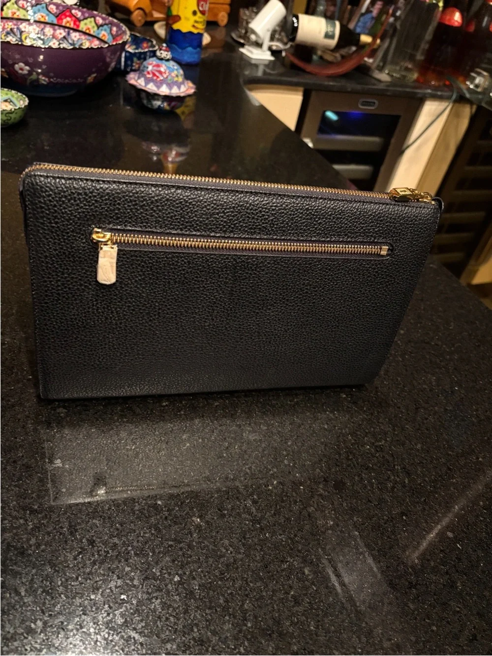 a. testoni Black Pebbled Leather Zip Pouch with Embossed Logo